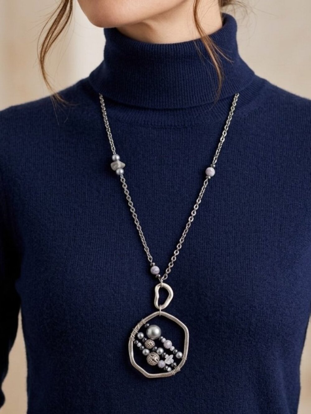 Funky Long Chain Necklace Black Gray Faux Pearls Beads